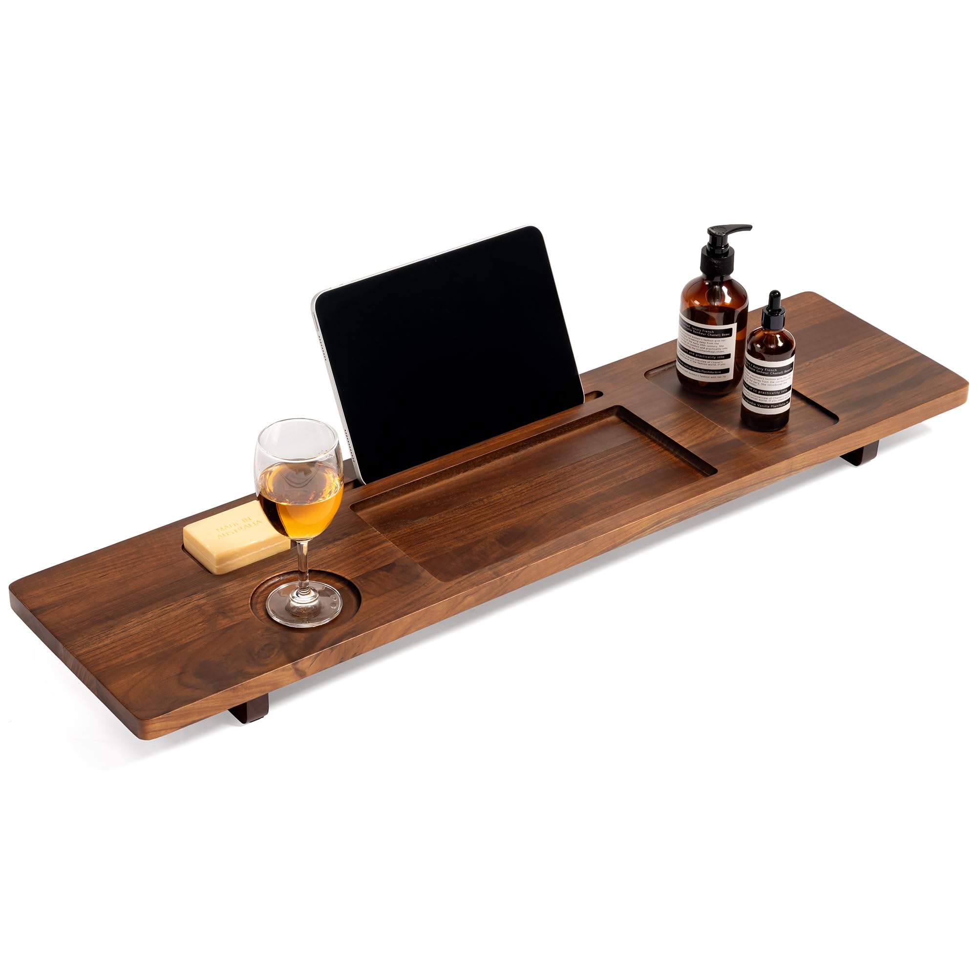 Bandeja de bañera de madera de teca, bandeja de bañera ajustable de 35 pulgadas para bañeras independientes, con soporte antideslizante para teléfono y copas de vino, soporte para libros para baño