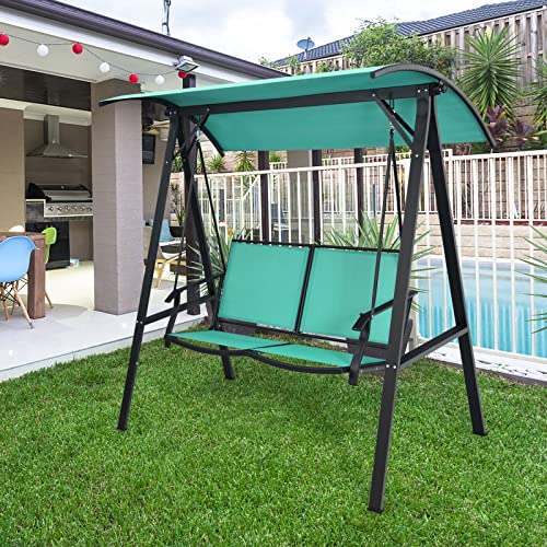 Image of Tangkula 2-Person Patio Swing, Weather Resistant Porch Swing with Adjustable Canopy, Steel Frame, Outdoor Modern Canopy Swing with Handrails, Suitable for Porch Garden Poolside (Green)