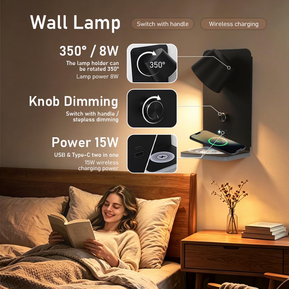 Aplique Giratorio con Regulador de Intensidad y Puerto de Carga USB Lámpara de Pared con Luz Cálida de 3000K Estación de Carga Inalámbrica Lámpara de Lectura de pared LED Iluminación,Negro