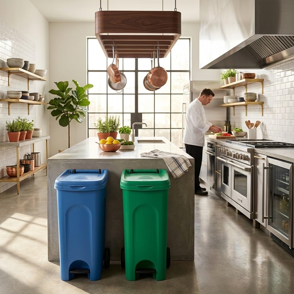 2 Bidoni 80 Litri blu e verde Carrello con Ruote Pedale e coperchio Raccolta spazzatura Differenziata da Esterno e Interno Anello Ferma Sacco Contenitore Secchio Rifiuti domestico e professionale