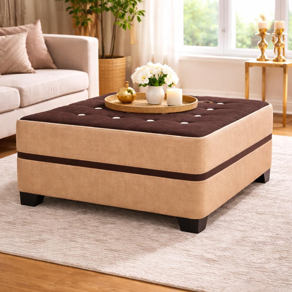 KENDALWOOD Furniture Upholstered Fabric Coffee Table | Square Center Table for Living Room | Dual Tone Beige & Brown Cushion-image-46