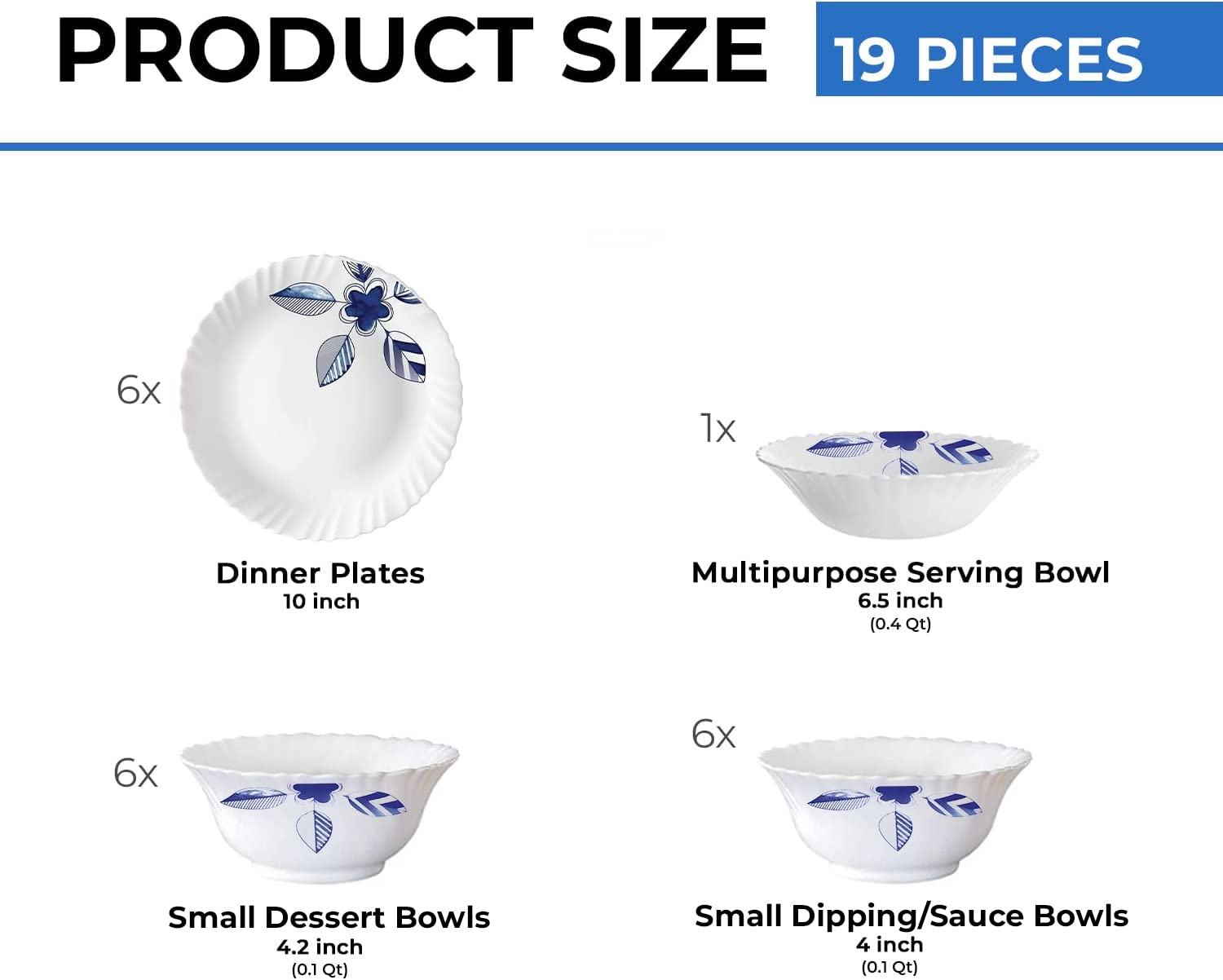 Borosil Gourmet Dinnerware Set For 6, 19 Pieces, White Dinner Plates and Bowls Sets, Chip Resistant Tempered Opal Glass, Stain Resistant, Dishwasher & Microwave Safe Dinner Set For Gifting, Serves 6