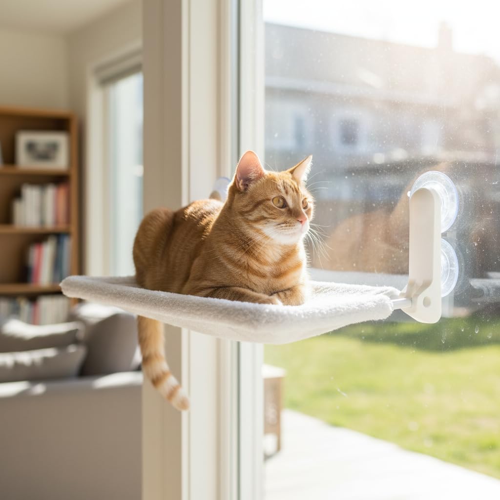 Amaca per Gatti Sospesa a Ventosa, 超柔水晶绒-秋冬款【免安装-吸盘固定】, 60 * 30 cm | Instzione facile - plastica - gomma - rete - carico massimo 20 pelliccia sintetica - velluto - per gattini