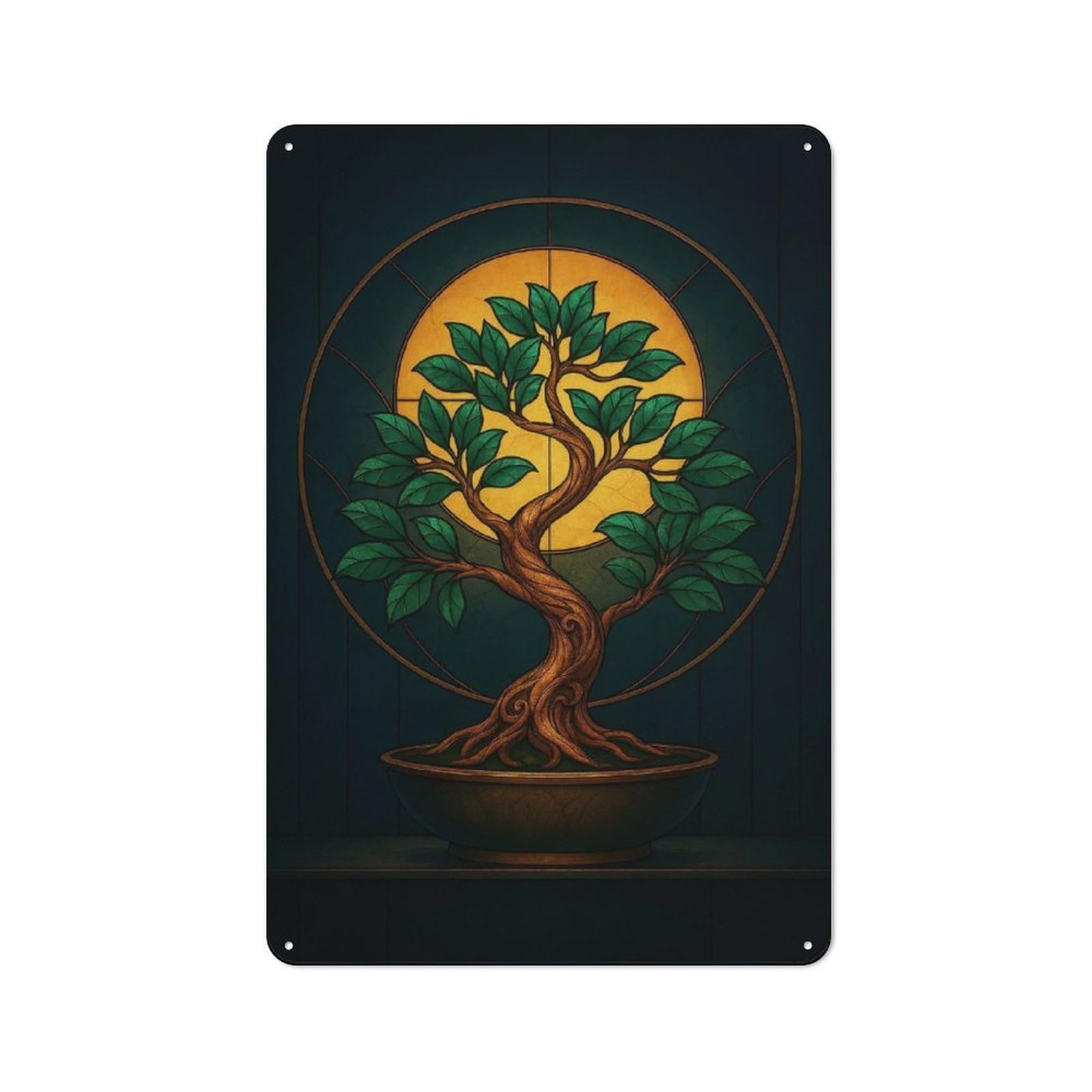 Junmoney Style-14 Shop Front Style Bonsai Tree Stained Glass Style Art Cafe Metal Sign 30X20cm, Bistro Wall Plaque For Tea Room, Shop Wall Or Breakfast Area