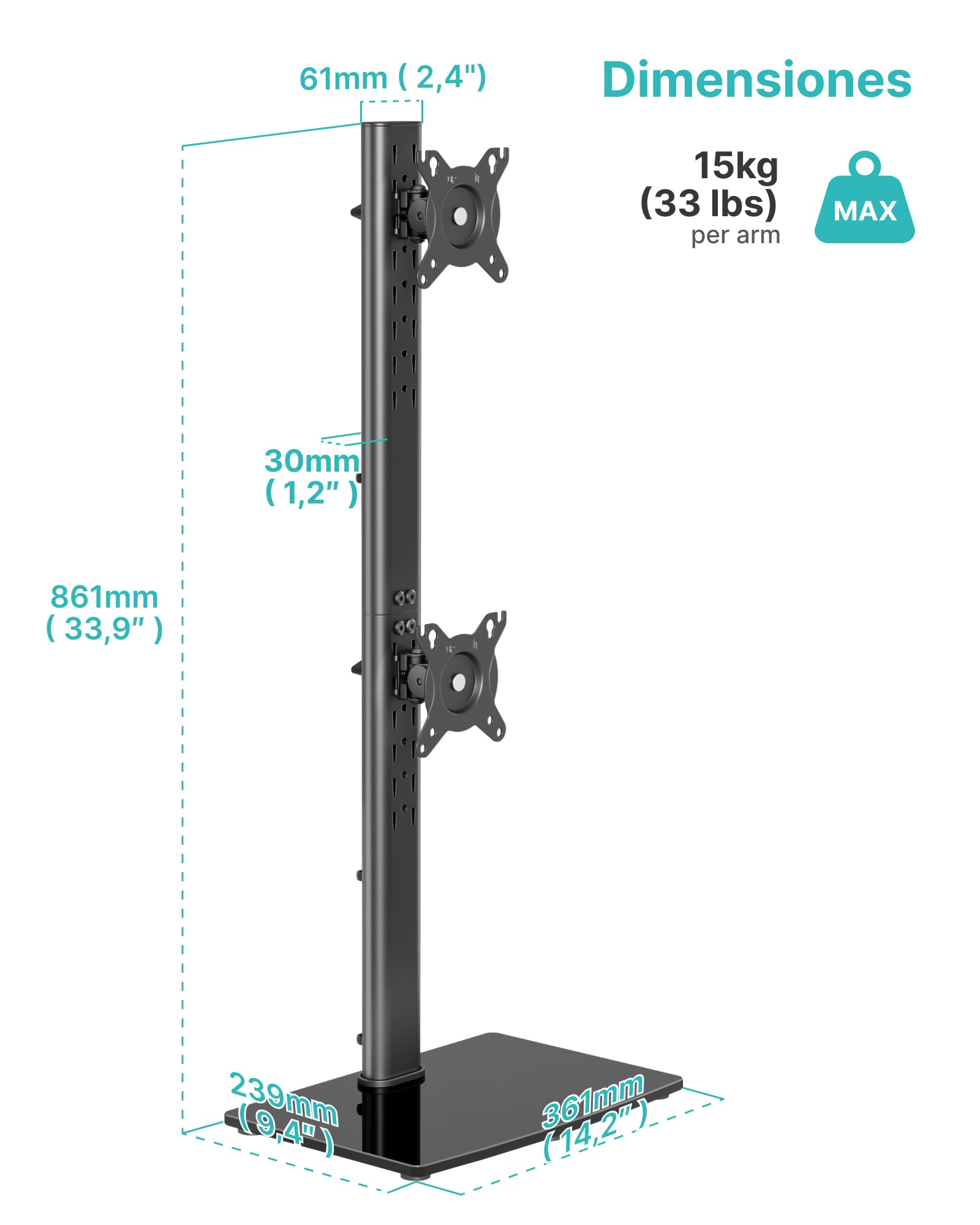 PEGZONE Soporte vertical doble para monitores 43,2-86,4 cm 17-34 pulgadas, VESA 75/100, 15kg por brazo
