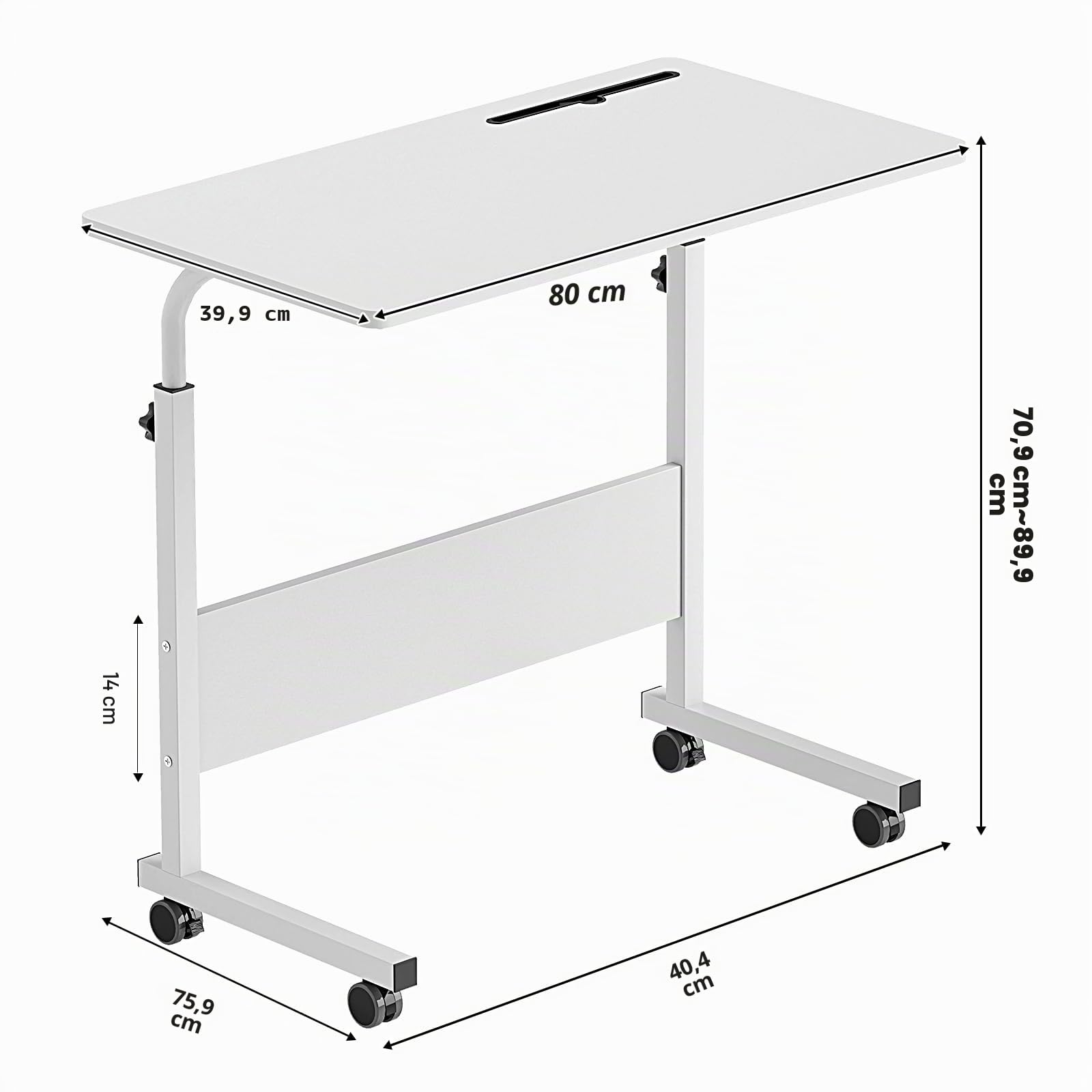 SogesHome Table d'appoint à roulettes Table d'ordinateur Mobile Petit Bureau avec Fente pour Tablette ou Téléphone pour Canapé-Lit Hôpital, 80 × 40 cm