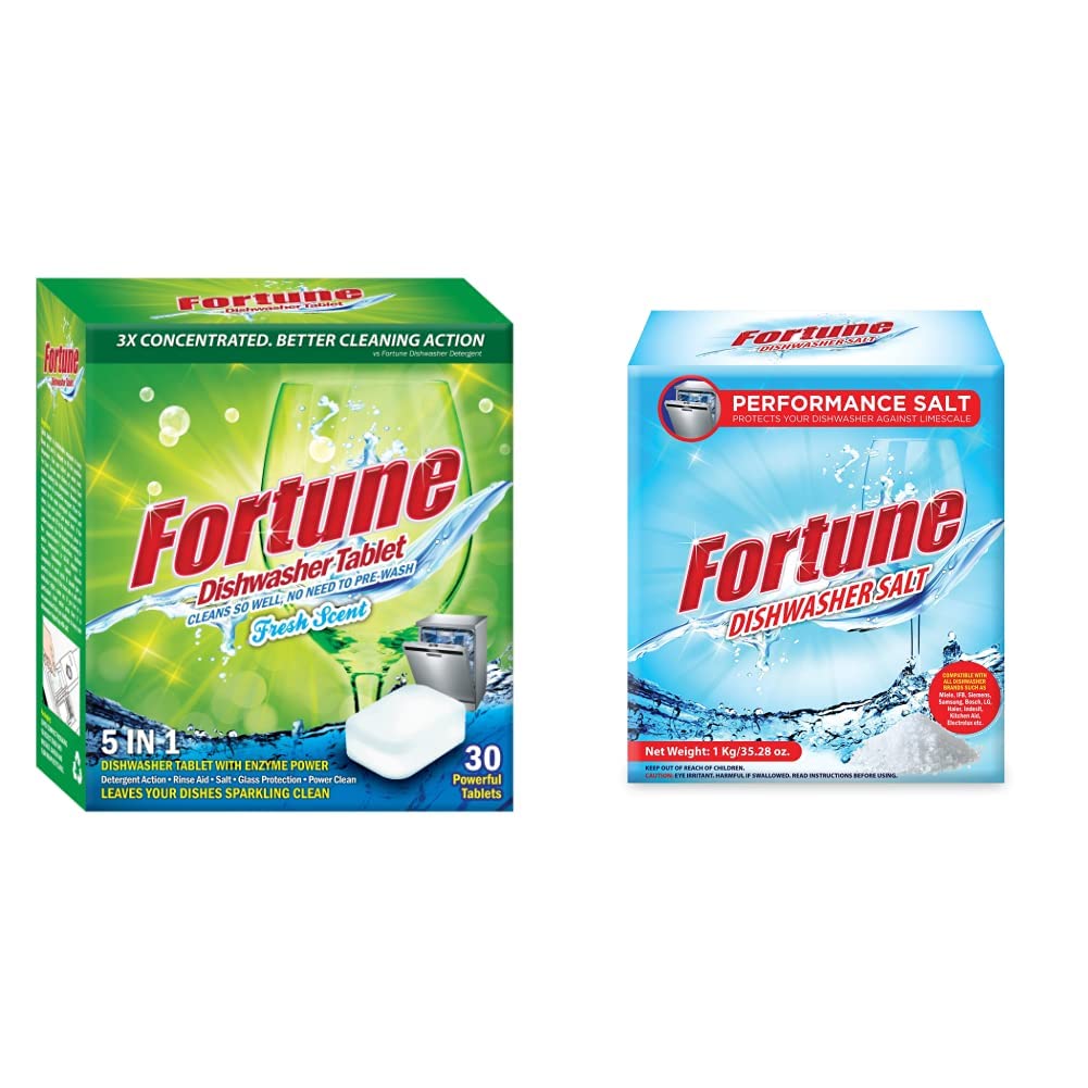 FORTUNE Dishwasher Tablets, 5 in 1 Action, Fresh Scent, 30 Count & Fortune Dishwasher Salt - 1 Kg - Compatible with all Dishwasher Brands (B0B7RTDQSW) Amazon Price History, Amazon Price Tracker