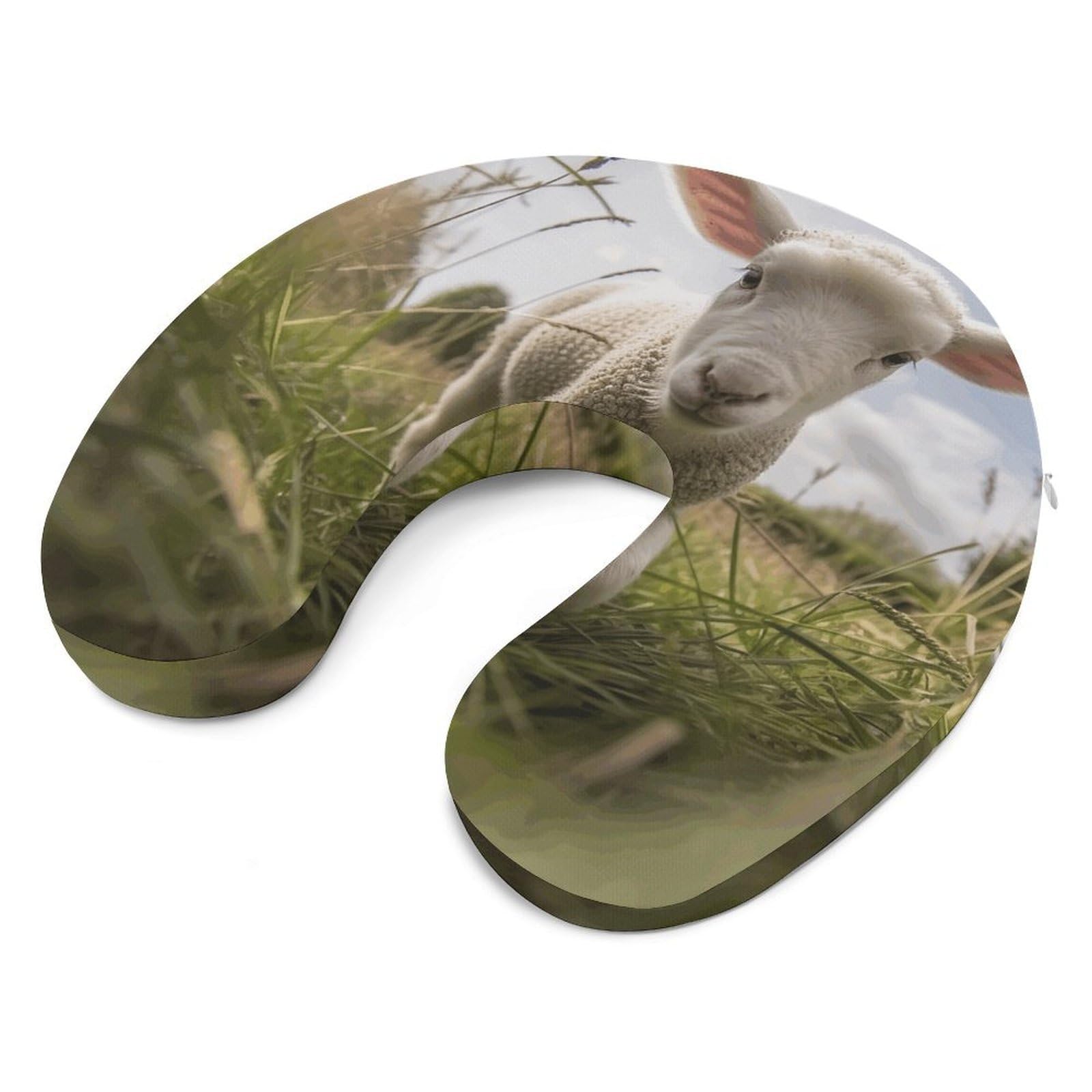 Almohada en forma de U de oveja corriendo sobre hierba, núcleo de almohada de espuma viscoelástica, cojín, proporciona apoyo para el cuello, almohada de viaje, adecuada para aviones, coches