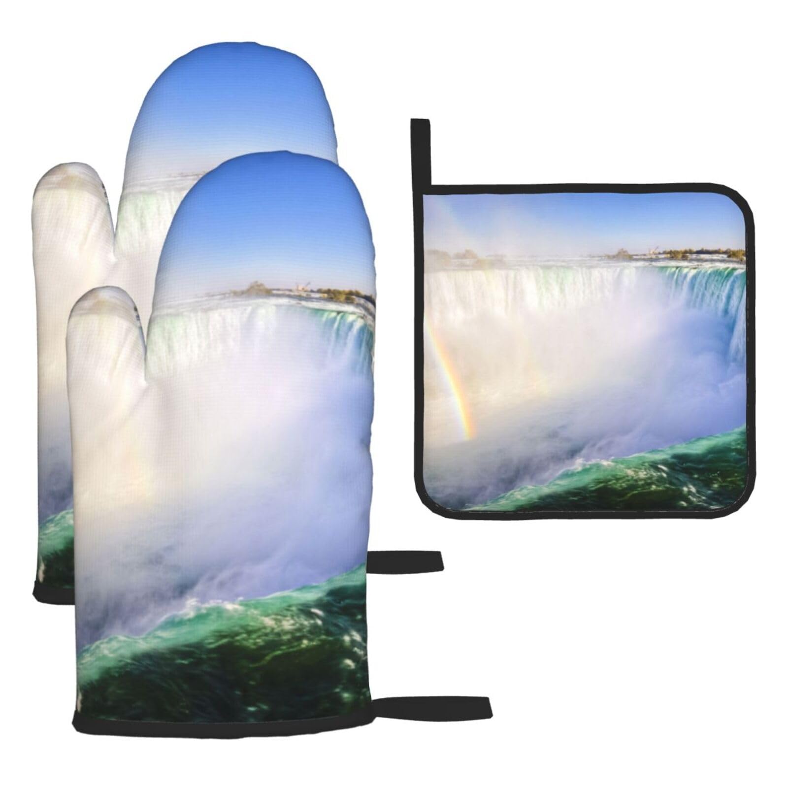 Waterfall And Rainbow Print Oven Set Kitchen Gloves Baking Grilling Microwaving Cooking Gift Everyday Holiday
