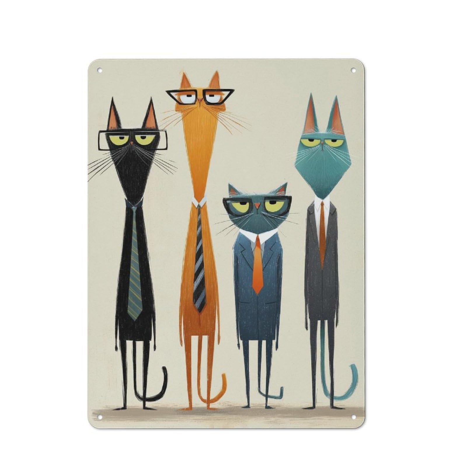 Junmoney Style-21 Tin Wall Plaque 40X30cm With Cats In Suits Illustration For Café Or Restaurant, Housewarming Present For People Styling Café And Restaurant