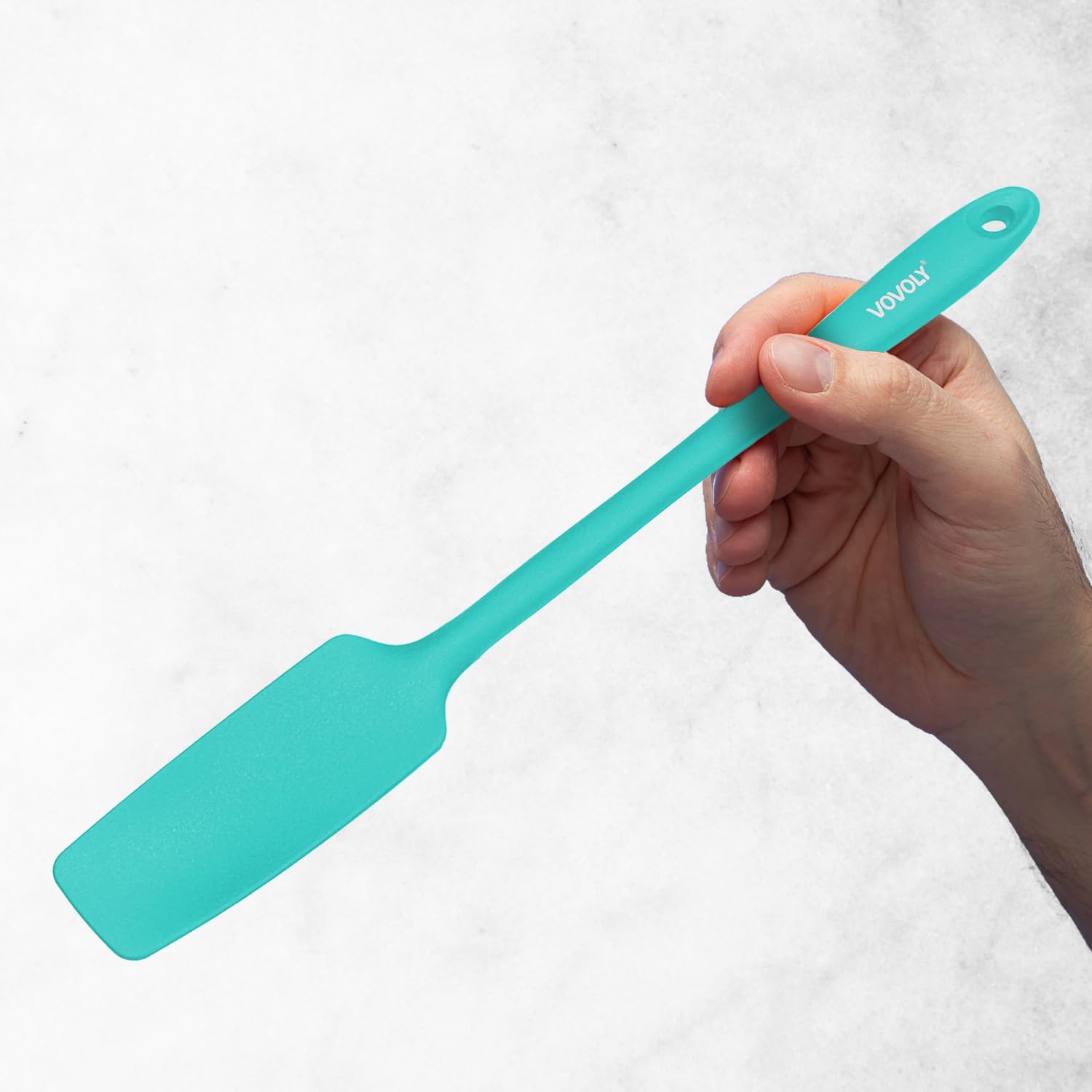 Espátula de silicona Vovoly para tarro de 2 unidades, con mango largo, espátula de goma pequeña resistente al calor de 600ºF, diseño sin costuras, base de acero inoxidable, sin BPA, verde azulado