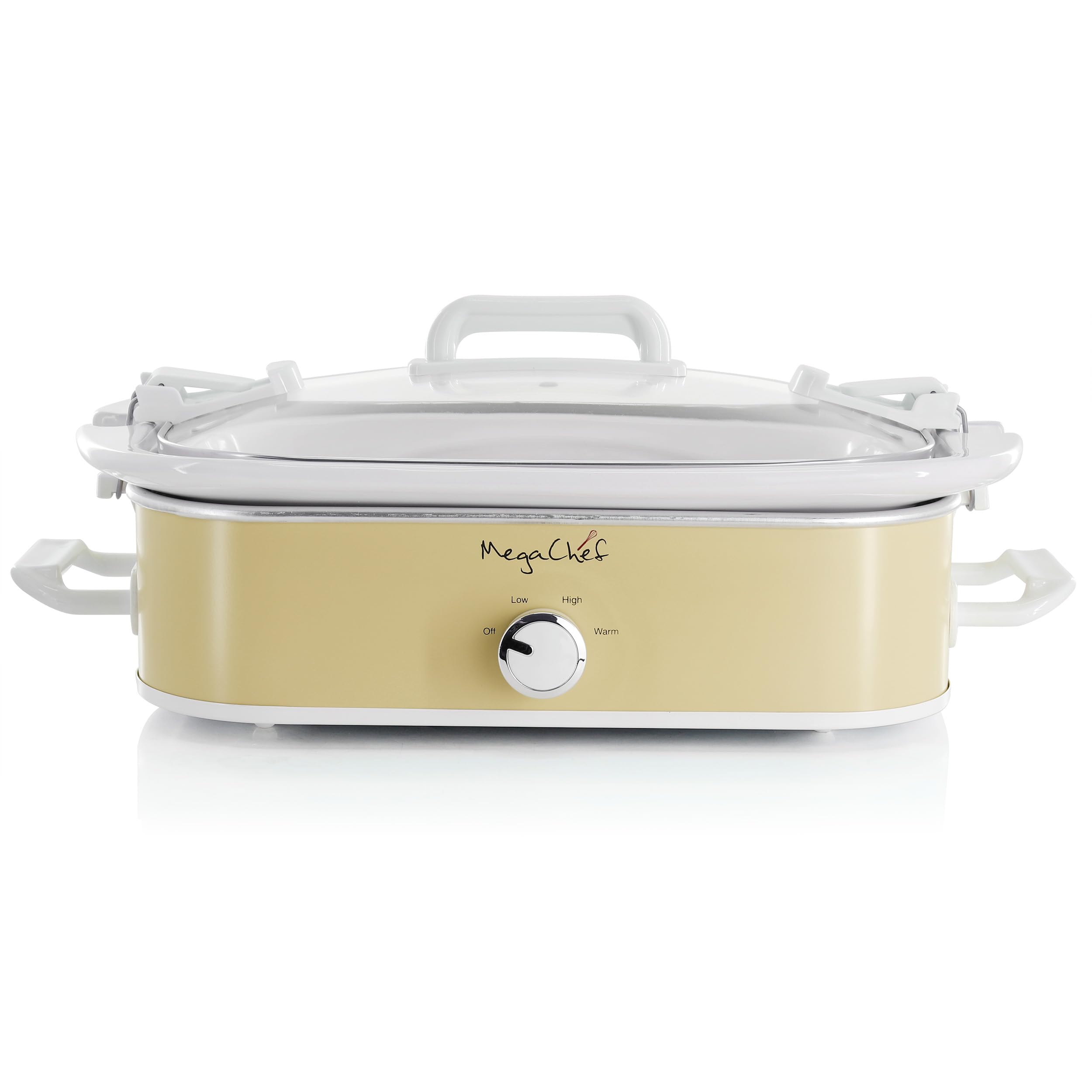 MegaChef 3.5 Quart Rectangle Casserole Slow Cooker with 3 Temperature Settings, Carry Handles and Locking Tempered Glass Lid (Cream)