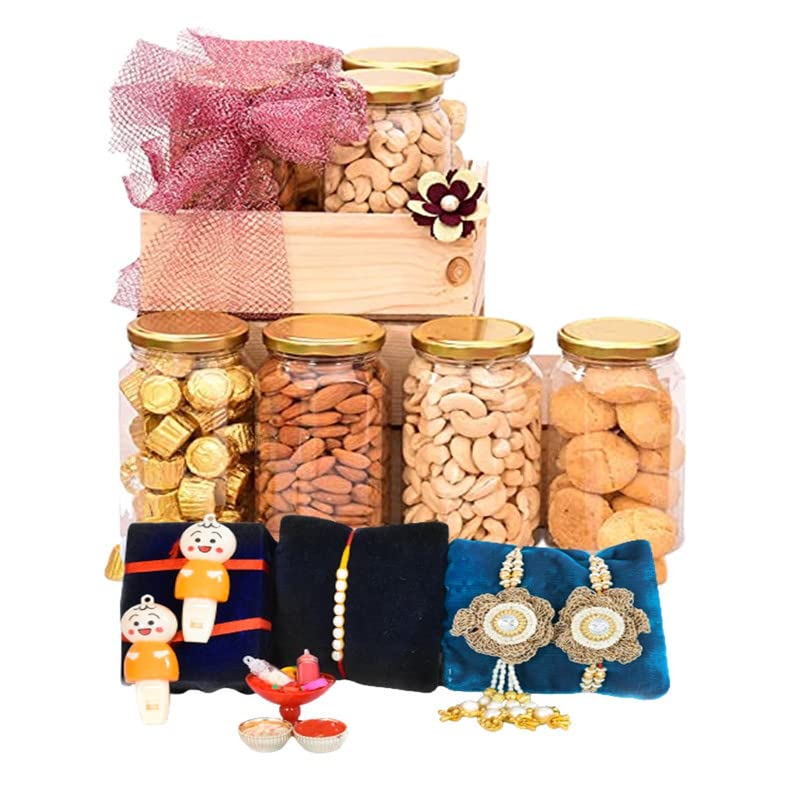 Image of NUTRI MIRACLE Rakhi Dry Fruit & Nut Gifts N Chocolates With Handcrafted Rakhis For Brother N Kids Including Golden Bhai Bhabhi Pair N Tilak Kit,400gm