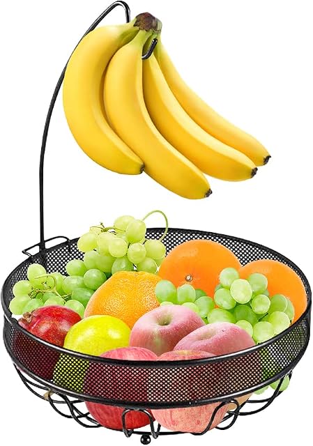 Fruit Bowl with Banana Hanger Metal Wire Fruit Basket for Kitchen Counters 2 in 1 Fruit Rack for Storing & Organizing Fruit Vegetables Snacks Bread Bronze