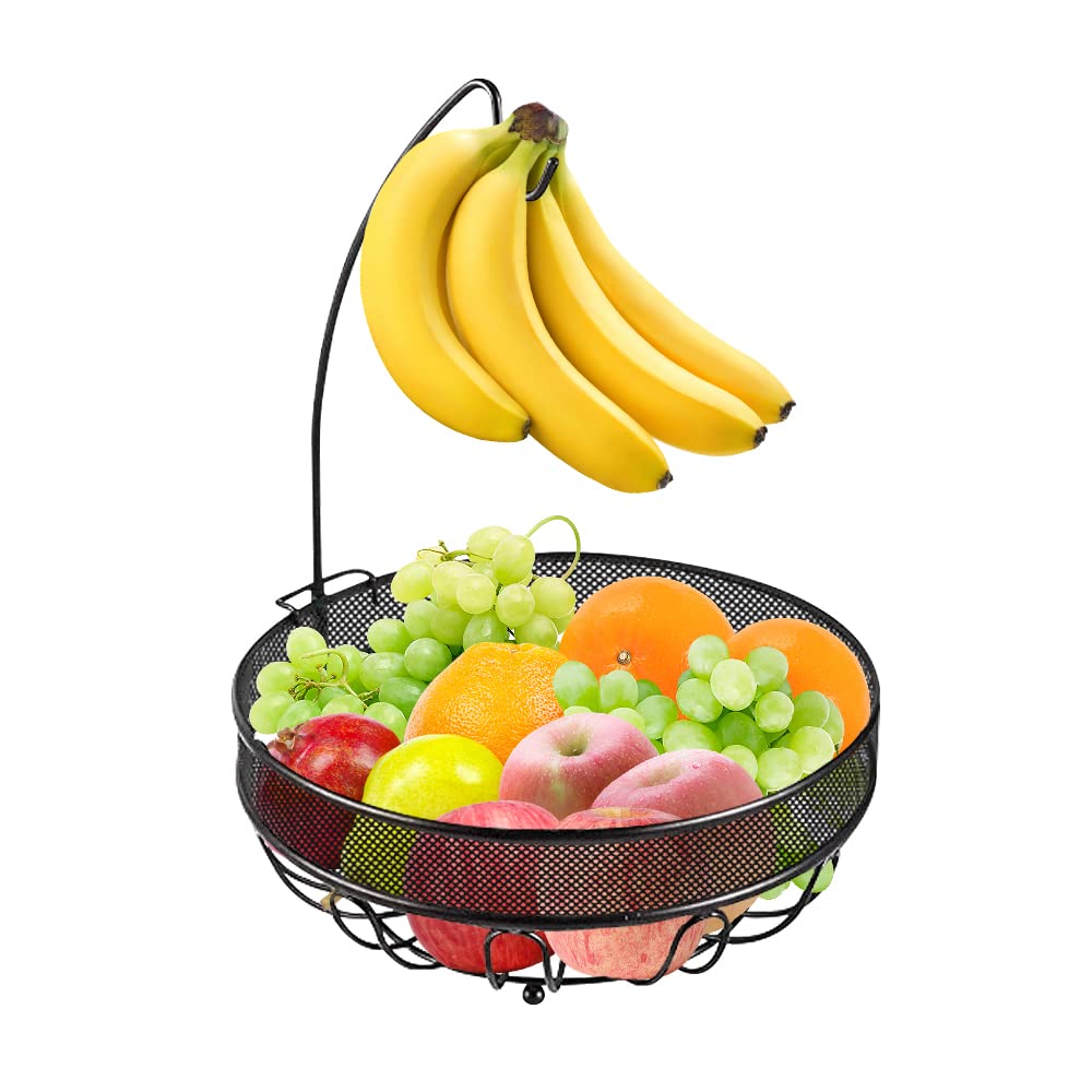 Mutool Fruit Bowl with Banana Hanger – Metal Wire Fruit Basket for Kitchen Counters – 2 in 1 Fruit Rack for Storing & Organizing Fruit Vegetables Snacks Bread – Bronze