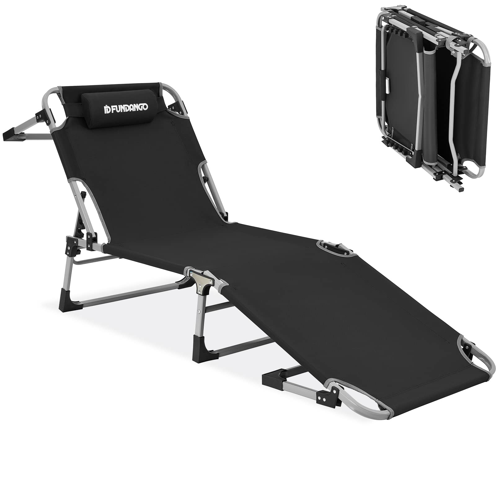 FUNDANGO Folding Chaise Lounge Chair with Pillow, Widen 4-Fold Portable Lightweight Adjustable Camping Reclining Chair, Black for Outdoor, Lawn, Patio, Beach, Sunbathing, Deck, Lay Flat (9C2201)