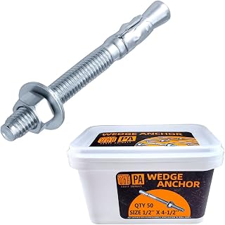 PartyAnimals 1/2 x 4-1/2 Inch Zinc-Plated Wedge Anchors, 50 Pack - Heavy Duty Concrete Bolts for Construction, DIY & Industrial Use