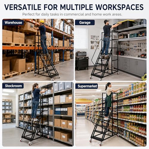 Image of 6 Step Rolling Ladder with Handrails, 1100 lbs Capacity Heavy Duty Mobile Warehouse Ladder with Wheels, Industrial Steel Non-Slip Rolling Stairs with Large Platform, for Garage Stockroom Library