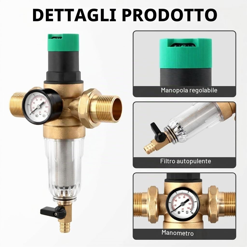 QWORK® Riduttore di Pressione Acqua 1 Pollice, Regolatore di Pressione Acqua con Manometro, Riduttore di Pressione in Ottone con Filtro a Setaccio Autopulente