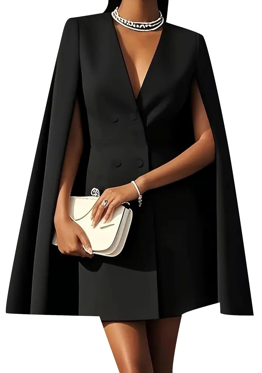 OMZIN Women Cape Sleeve V Neck Dresses Cocktail Business Elegant Mini Dress Autumn Comfy Blazer Dress