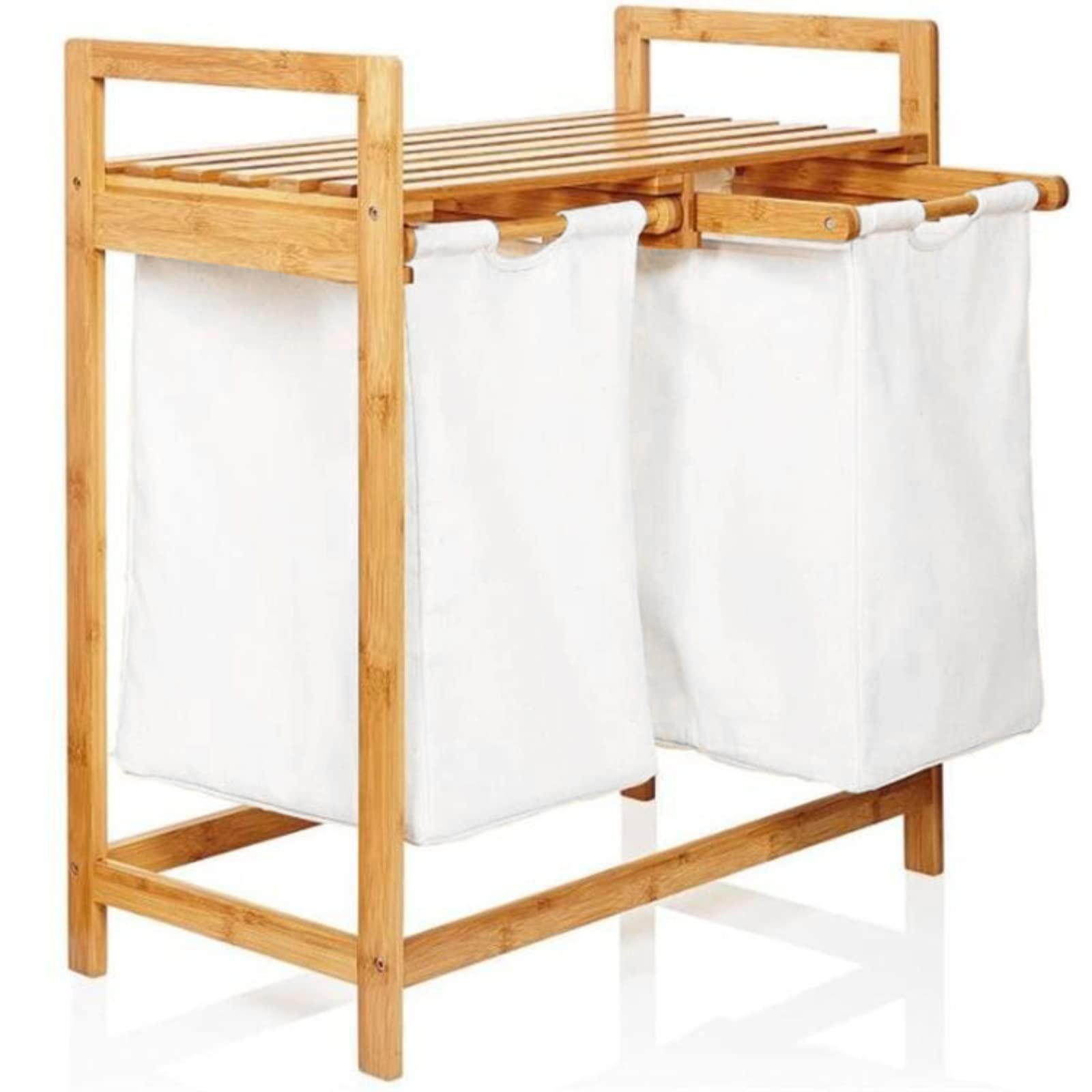 Photo 1 of (INCOMPLETE)Bamboo Laundry Hamper, Dual Compartments, WHITE