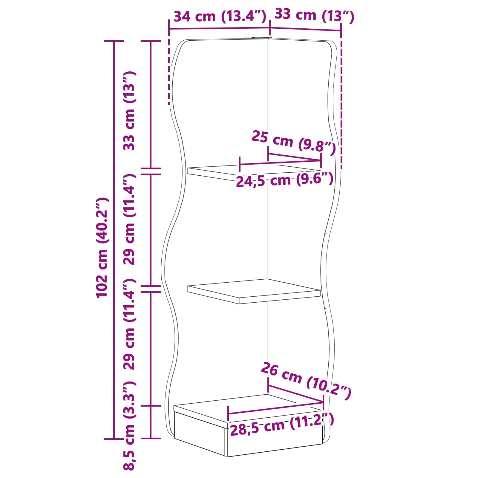 Scaffale angolare in rovere Artisan, 34 x 33 x 102 cm, con 2 ripiani, salvaspazio, per soggiorno, camera da letto, cucina, moderna scaffale da parete per riporre e decorare con stile