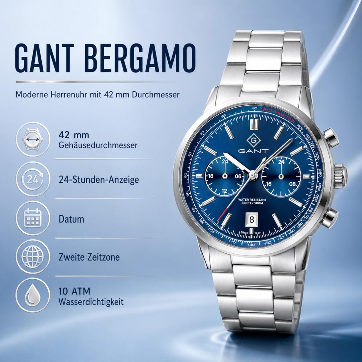 GANT Bergamo Herrenuhr 42 mm Edelstahl Seiko Quarzwerk