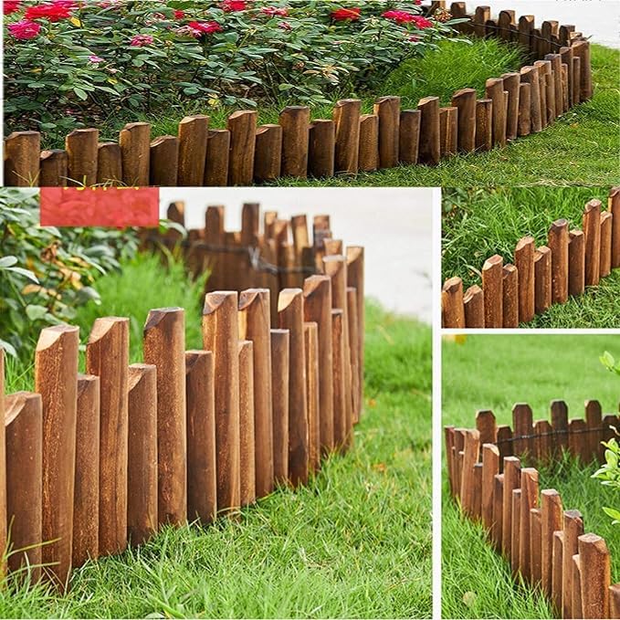OneDcor Wooden Garden Fence Panels – 120x4x30 cm Lawn Edging & Picket Fencing with Easy Plug-in Stakes, Carbonized Wood Protective Guard for Flower Beds, Lawn, Outdoor Landscape Border & Decor