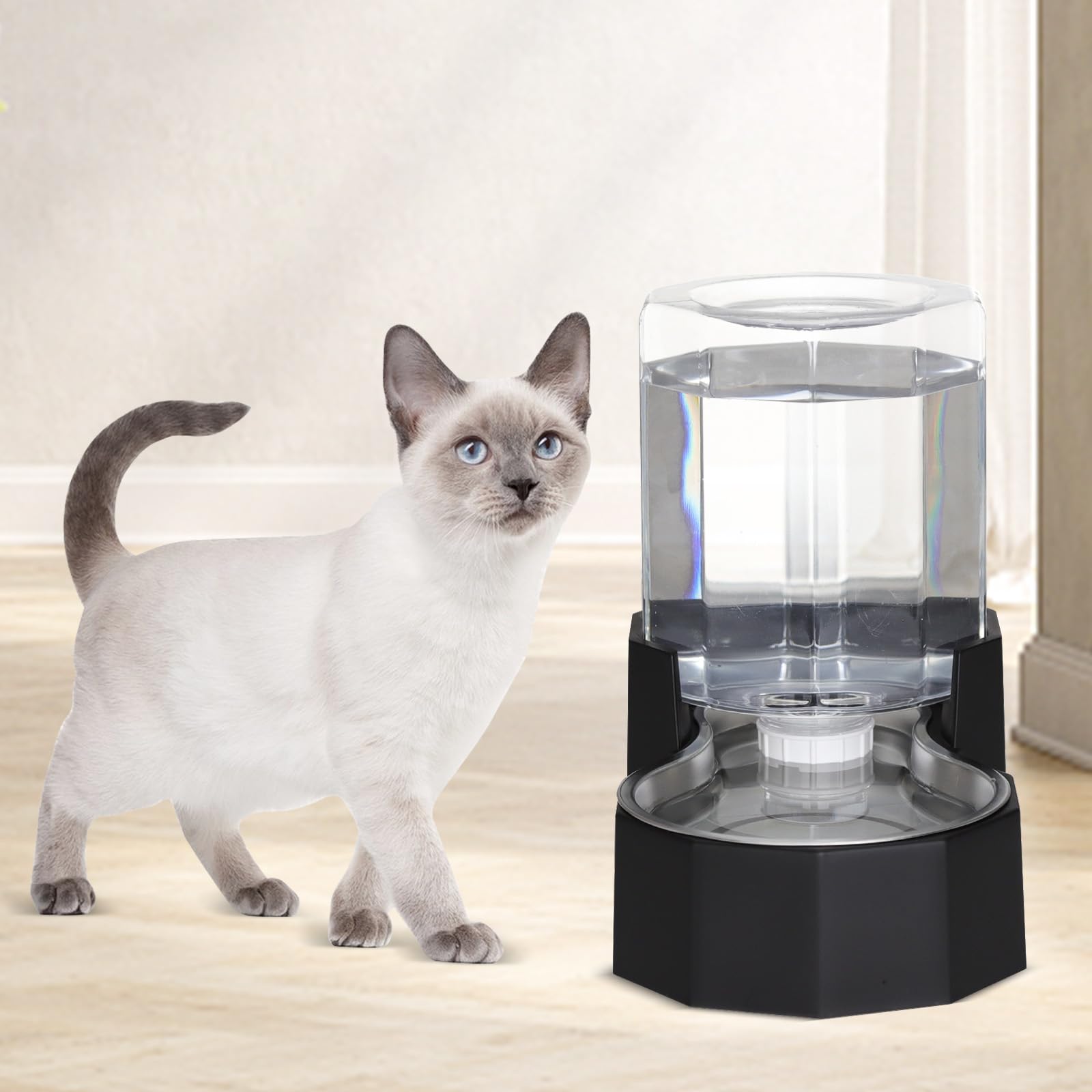 Sfozstra 5L Trinkbrunnen f. Hunde - Edelstahl, standsicher | Schwerkraftbetrieben, 5L, rutschfester Sockel, erhöhter Rand, zerlegbar, für mittlere/große Hunde, innen/außen