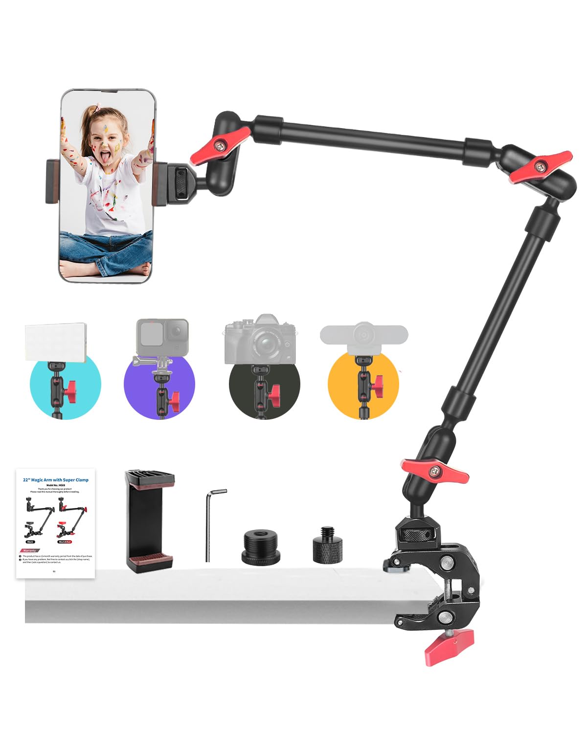Brazo Mágico de 57 cm/22 con Superabrazadera, Montaje y Abrazadera Flexible de 360°, Soporte para Teléfono Móvil, Brazo Articulado con Rosca de 1/4 Pulgadas para Smartphone, Cámara de Acción