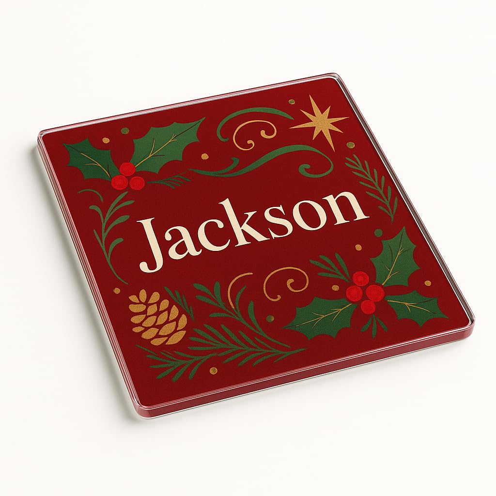 The Plum Penguin Holly & Hearth Personalised Acrylic Coaster Place Setting Gift - Yuletide Elegance Design Christmas Decor Table Accessory With Rich Red Green Gold Colours