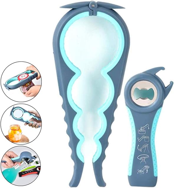Easy Jar Bottle Opener Kit, 5in1 and 4in1 Multi Function Jar Openers, Simple to Use for Children, Elderly and Arthritis Sufferers,Silicone Hand Gripper Aid (Blue)
