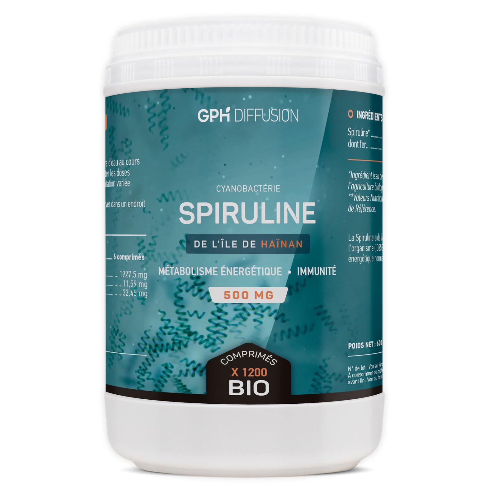 Spiruline Bio AB 500 mg -1200 comprimés - Riche en Protéines, Phycocyanine, Chlorophylle, Caroténoïde et Fer - GPH Entreprise Française