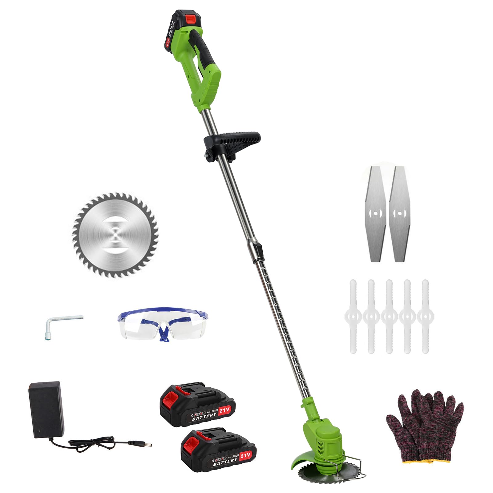 Cortacésped eléctrico con batería de 21 V, 800 W, con 20.000 rpm, cortador de cepillo con batería, ideal para el cuidado del césped y el corte de césped (verde)