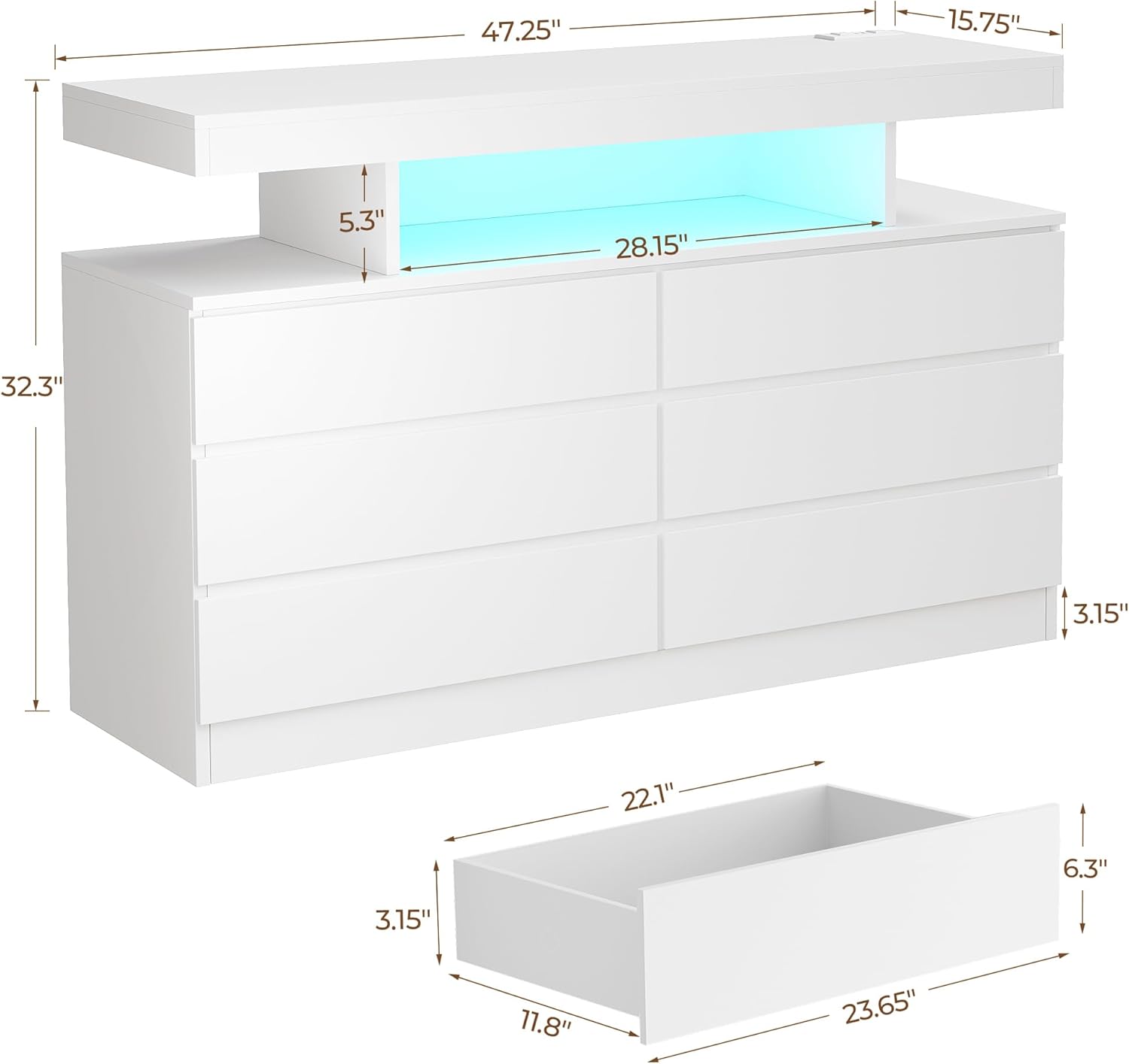 Dresser with drawers open showing storage space and open display area