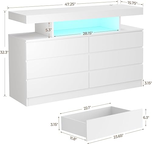 Miniatura 2 de BEWISHOME Cómoda blanca para dormitorio con estación de carga y luces LED, cómoda de madera de 6 cajones con soporte para TV y espacio abierto,