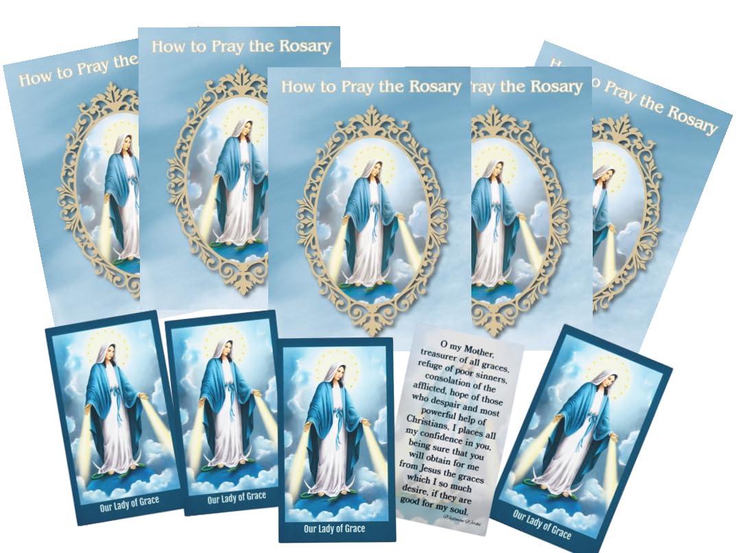 How to Pray The Rosary Pamphlet Booklet Set Prayer Guide Bundle with Our Lady of Grace Catholic Holy Card, 5 of Each