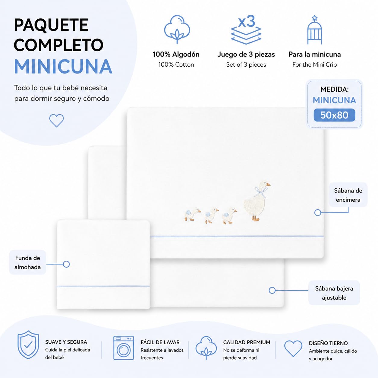 Sabanas Minicuna 50x80 100% Algodon Transpirables Lavables con Sabana Bajera Ajustable para Recien Nacidos Textil Suave Descanso Bebes + Encimera y Funda Almohada Patitos AzulPrimavera Verano