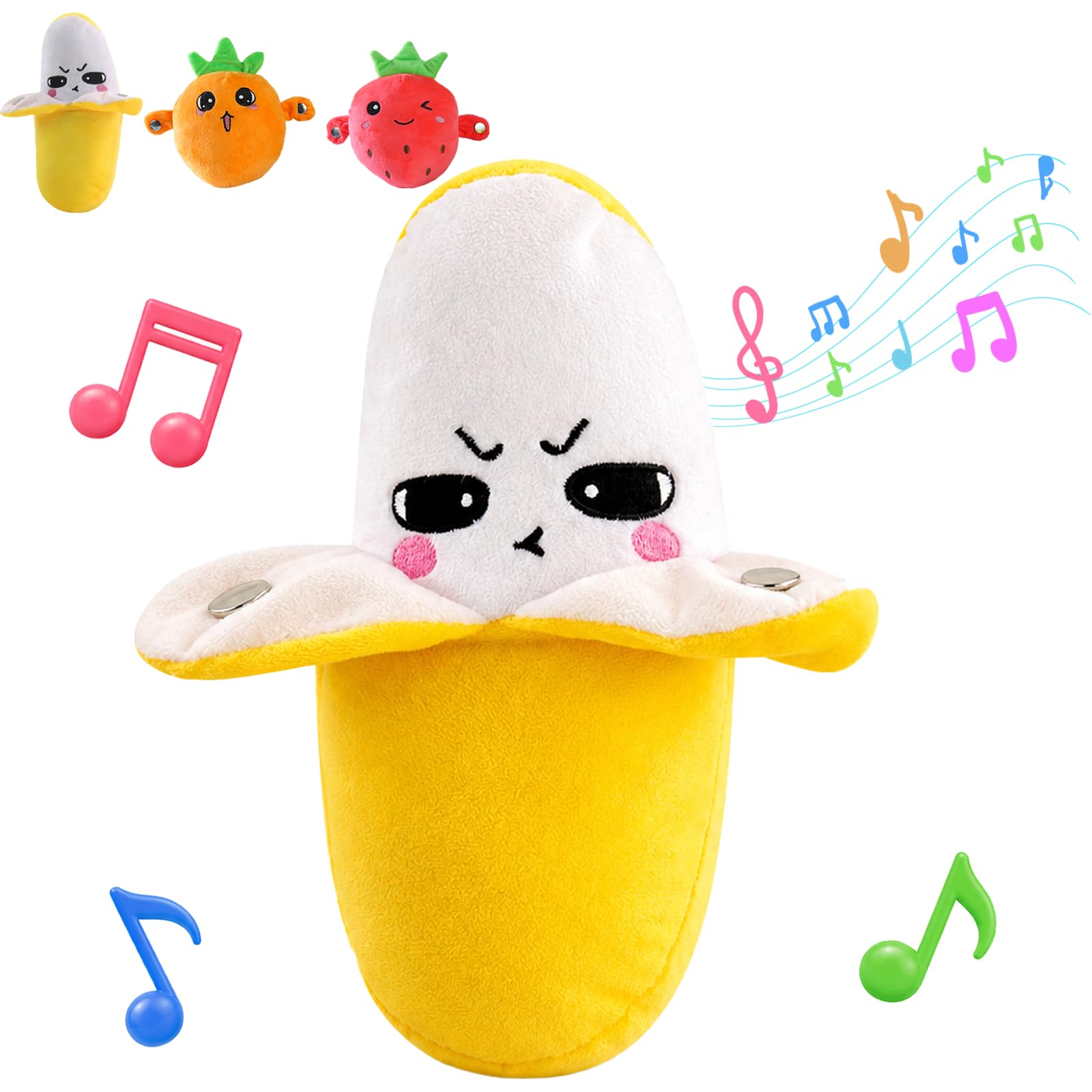 LLELEMAMO Interactive Music Plush Toy, Touch Activated Sensory Fruit Toy for Kids & Adults, Dual-Mode Skin-to-Skin Musical Interaction, Soft Carrot Stuffed Animal Gift for Boys Girls (Banana)