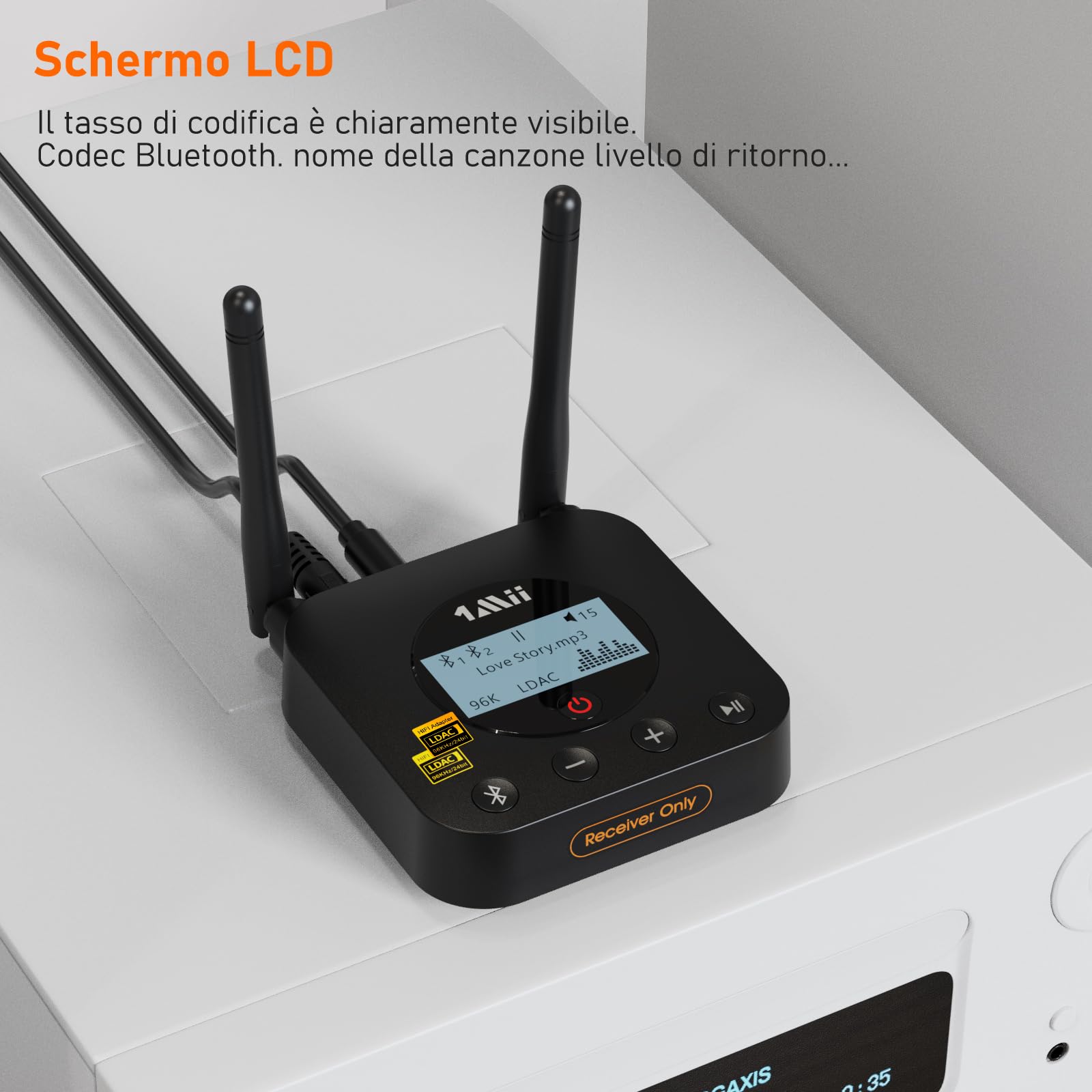 1Mii B06Pro+ Ricevitore Bluetooth HiFi, Adattatore Audio Wireless Bluetooth 5.1 Hi-Res LDAC per Stereo, Aptx HD& Bassa Latenza, con Uscita Ottica/AUX, Controllo del Volume, Display LCD, Lungo Raggio