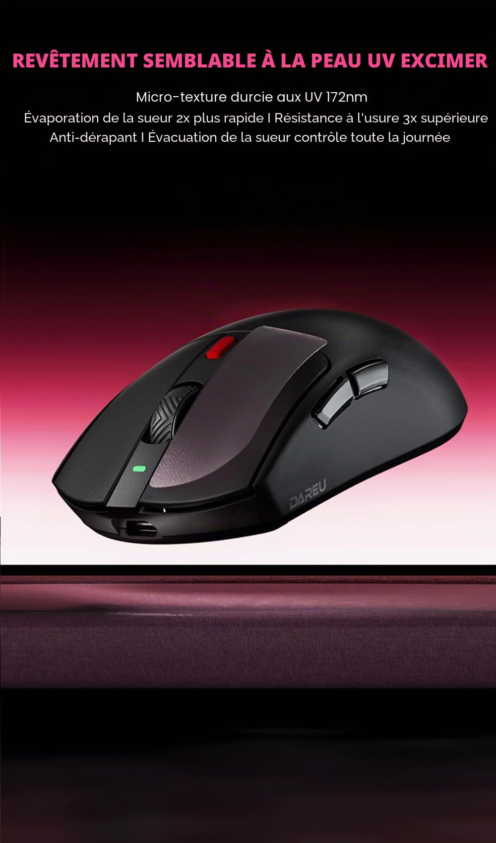 DAREU AE6 Pro Souris Gaming sans Fil RGB avec TFT Display Magnétique Charging Dock - Capteur PAW3950 Personnalisé avec 30K DPI, 750 IPS, Revêtement Excimer, 59 g, Batterie 500 mAh - Magenta