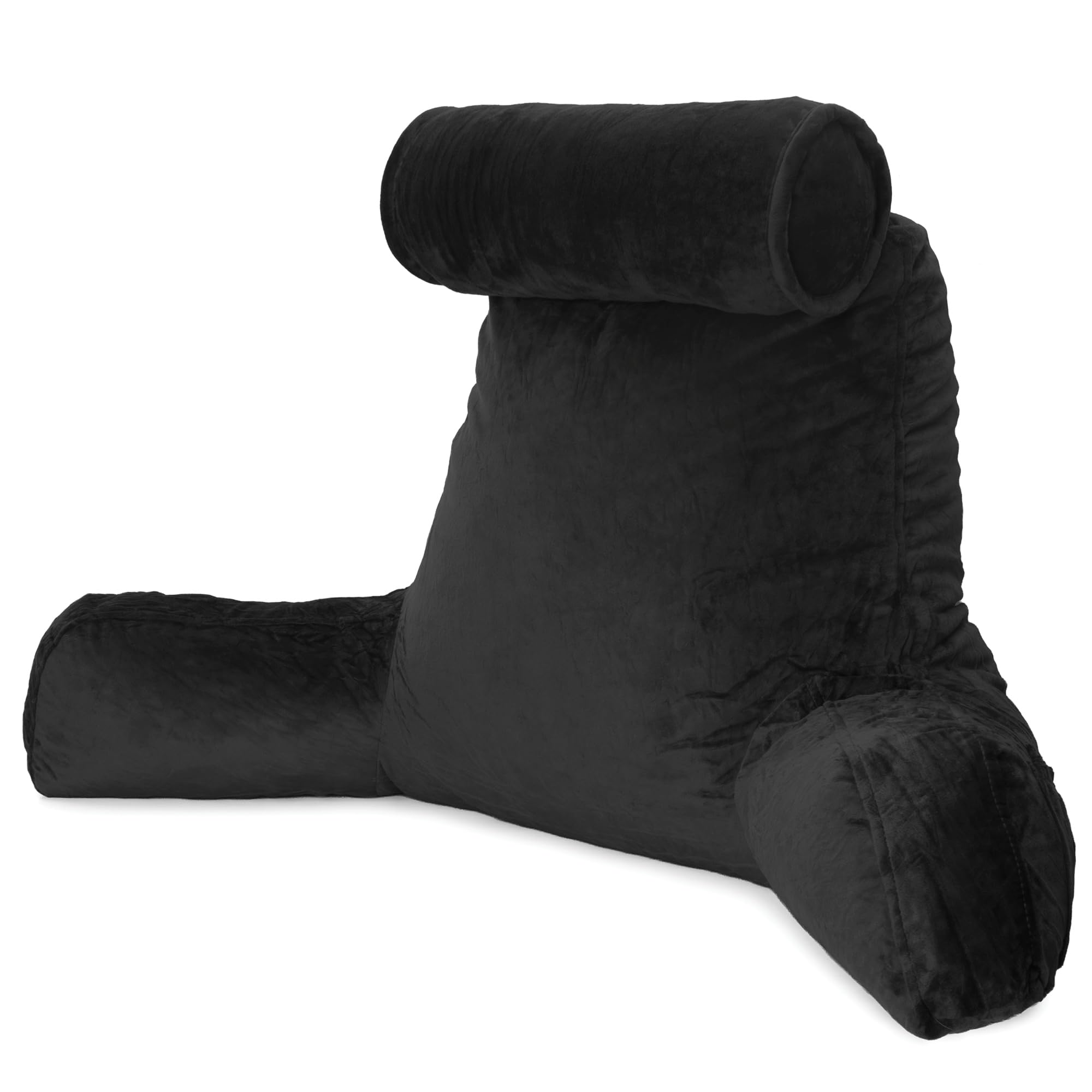 Dreamcatcher Black Reading Pillow, XL Shredded Memory Foam Backrest Cuddle Cushion with Arms, Detachable Headrest, 3x Pockets & Washable Velvet Cover for Reading, Bed Support & Gaming Cushion