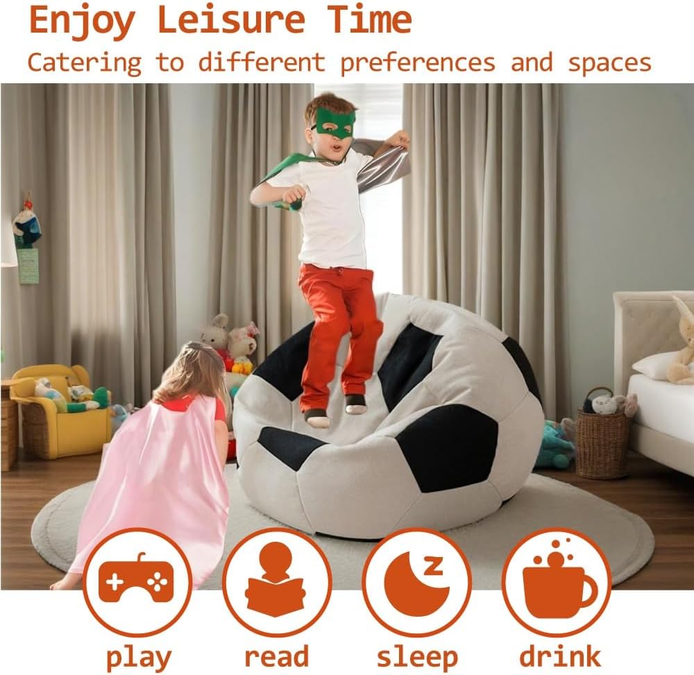 Soccer Bean Bag Cover (Filler Not Included)Childrens Bean Bag Seat Recliner Bedroom Furniture Sports Organizing Plush Toys For Girls And Boys Unpadded Seat Cushion Cover Gaming Chair Indoor(100cm)