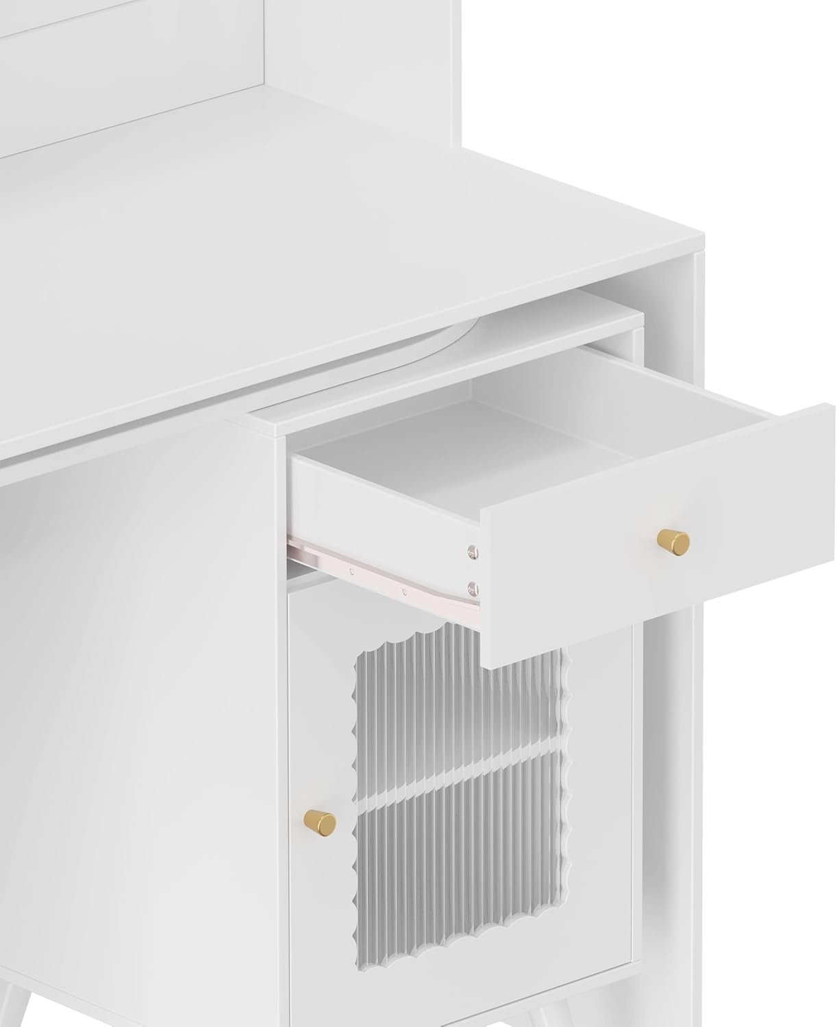 Bellemave L Shaped Executive Desk with 90° Rotating Desktop, Farmhouse l Shaped Table, Home Office Desk with Storage Cabinet and Shelf, Farmhouse Corner Table with Drawers, White