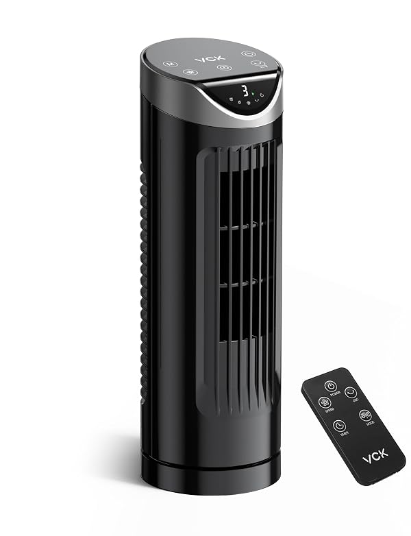 Tower Fan for Bedroom, 26 dB Quiet Bladeless Fan with Remote, LED Display, 9 Speeds, 1-8H Timer, Personal Desk Fan 90° Oscillating Fans for Indoors, 13 Inch Portable Table Fan for Room, Home, Office by VCK - Used condition - US$30.08