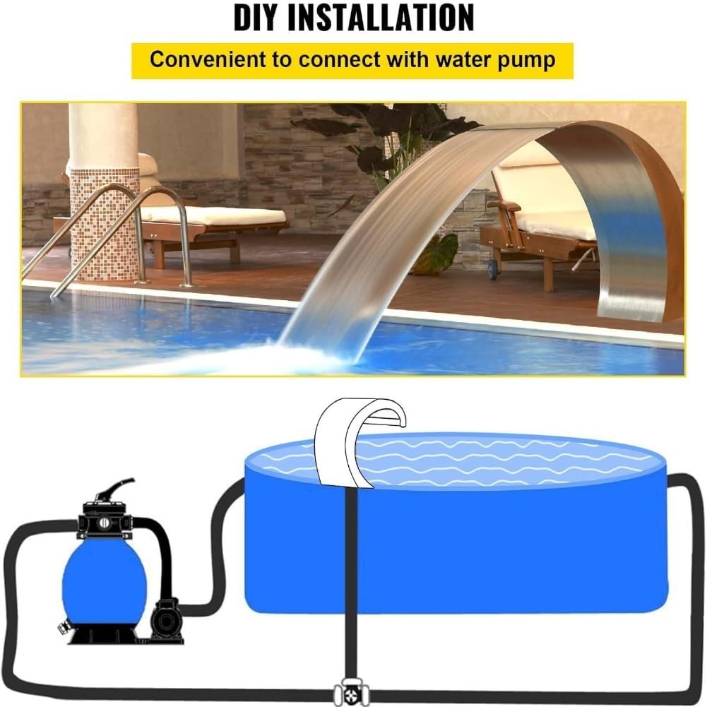 Fontaine Cascade pour Piscine, Fontaine déversoir extérieure en Acier Inoxydable avec Design en Crochet arqué, Robinet d'arrosage, élément décoratif pour Bassin, Sources thermales