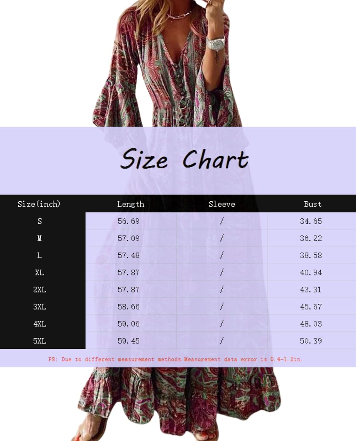 2025 Womens Bohemian Style Bell Sleeve Printed V Neck High Waisted Resort Dress with Floral Print - Image 7