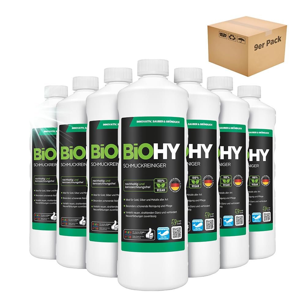 BiOHY Detergente per gioielli (9 bottiglie da 1l) | Concentrato per ogni dispositivo a ultrasuoni | Pulizia sostenibile e delicata per orologi, occhiali (Schmuckreiniger)