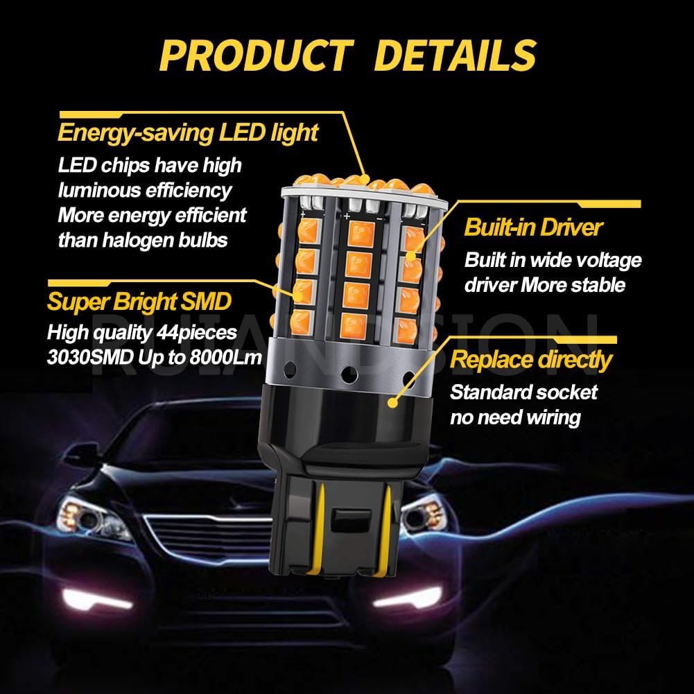 Ruiandsion 7440 7443 LED Bulbs Yellow 10-80V, T20 W21W 7441 7444 Super Bright 3030 44SMD LED Chips CANBUS LED Turn Signal Lights for RV Camper Trailer Trucks