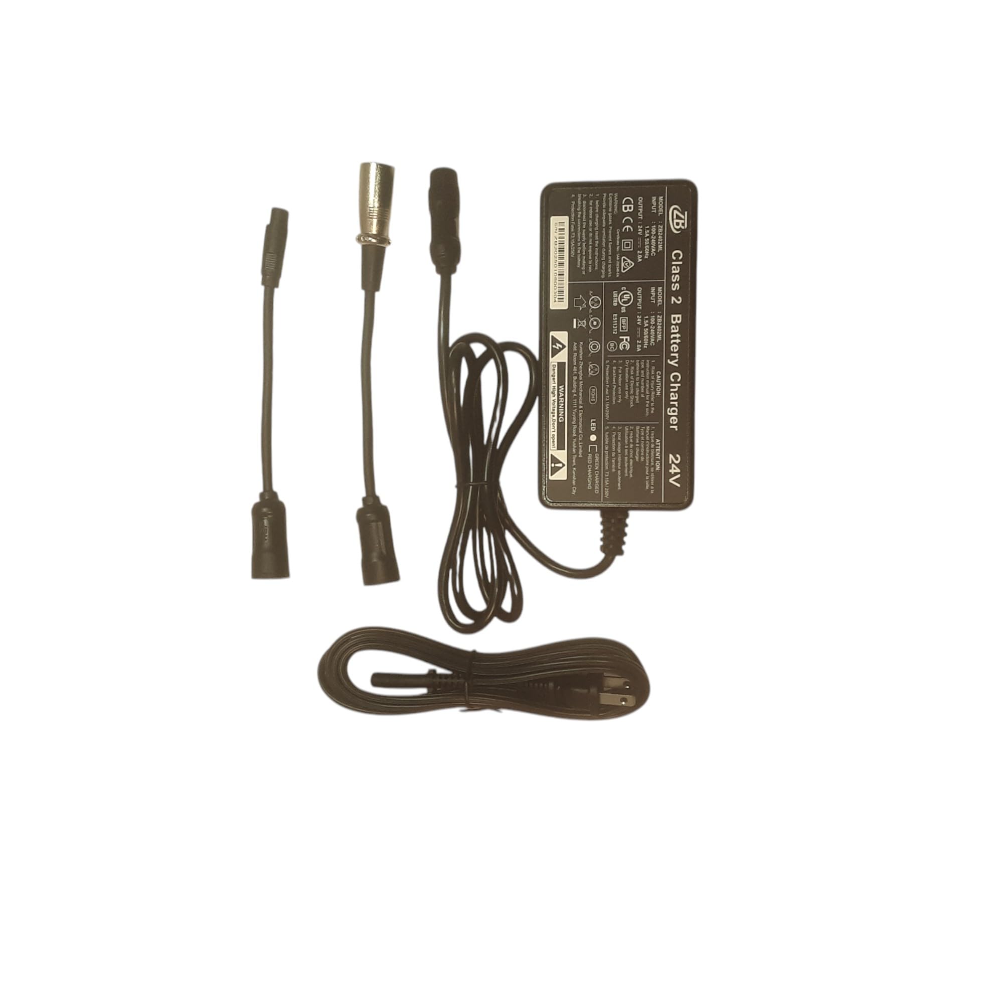 24V 2A Class 2 Lithium Battery Charger for Folding Wheelchair with Brushless Motors, with Three Plugs. 2 Adapter Cables, Universal with Most 24 V Lithium Battery Powerchairs